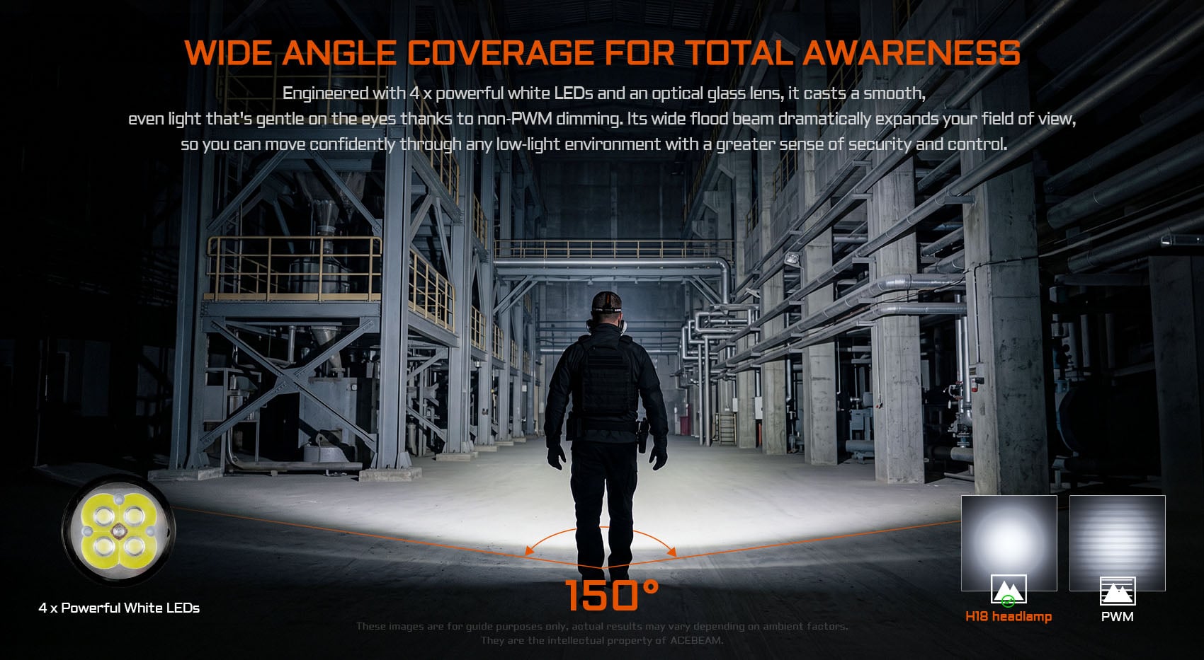 150-degree wide angle flood beam providing total awareness in industrial and outdoor environments