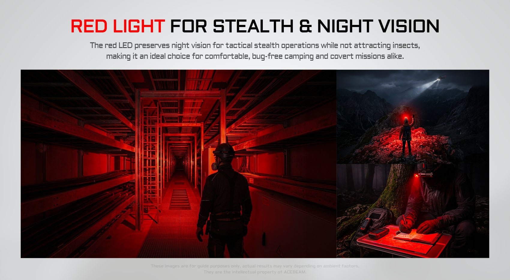 Red light mode designed for stealth, night vision preservation, and bug-free camping