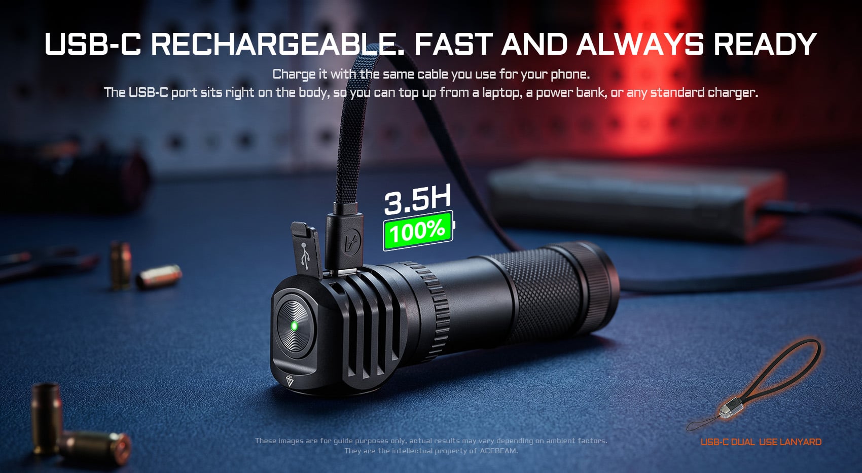 Convenient USB-C rechargeable design allowing fast top-ups from laptops or power banks