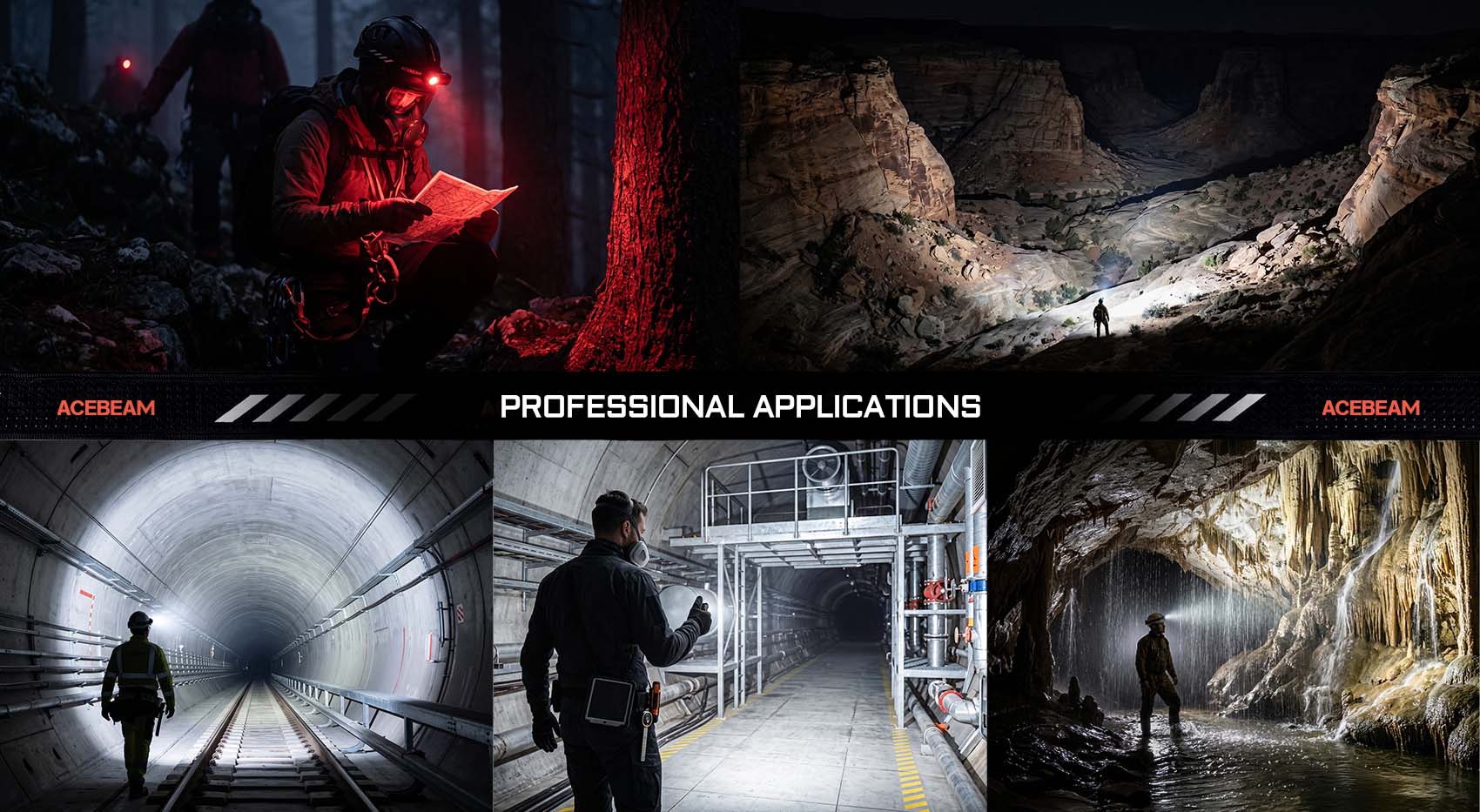 Professional use cases showcasing the headlamp in railway tunnels, industrial facilities, and caves