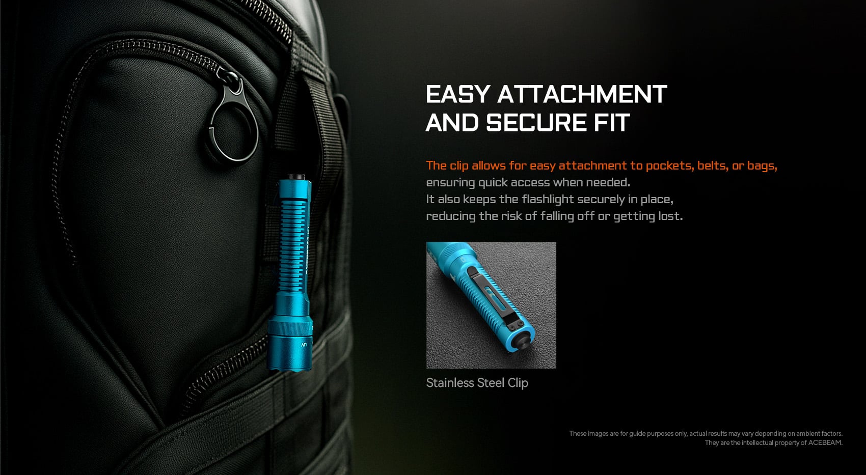 K1 EDC Flashlight: Three Light Sources with Cyan Beam 488nm - Special Edition size and carry detail highlighting USB-C rechargeable design