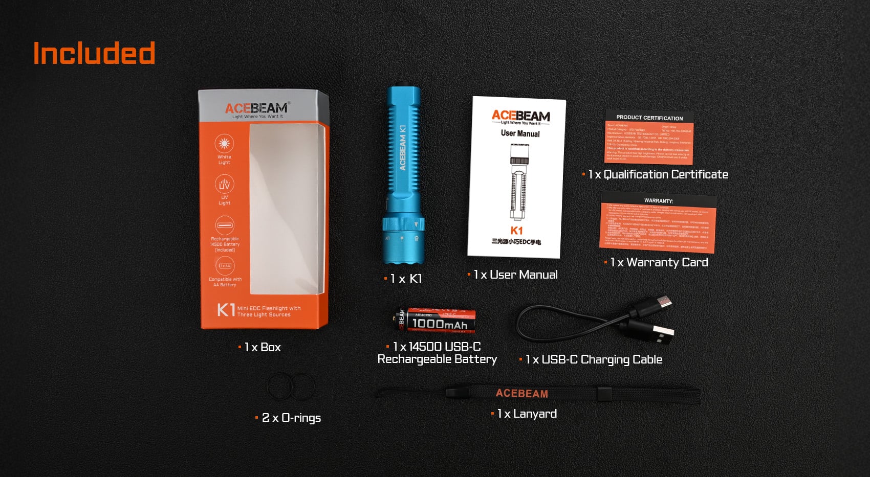 K1 EDC Flashlight: Three Light Sources with Cyan Beam 488nm - Special Edition feature detail highlighting 223 meter beam distance
