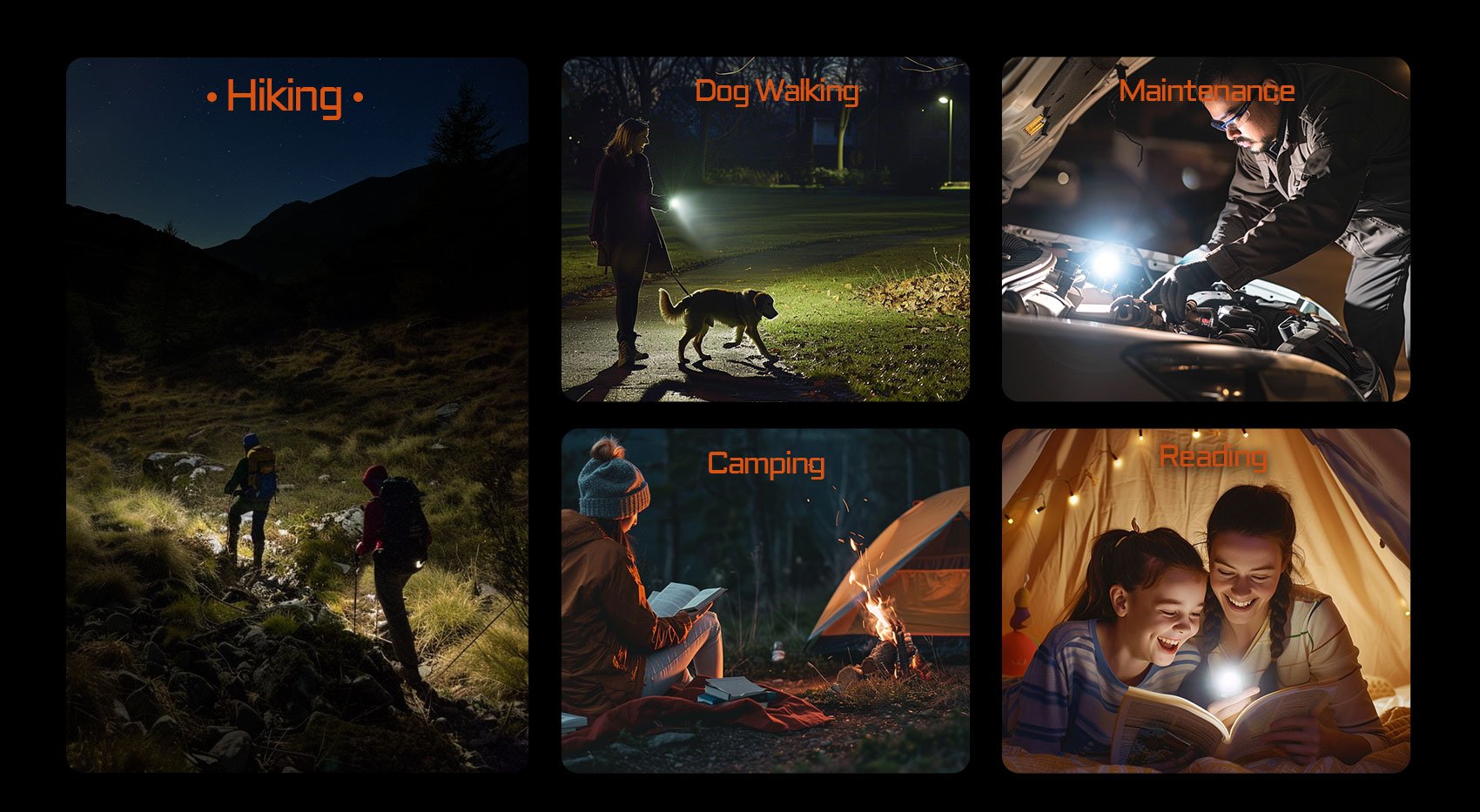 dog walking, camping, maintenance